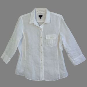 Talbots Pure Irish Linen Shirt Womens Size L White Button Up Roll Tab 3/4 Sleeve
